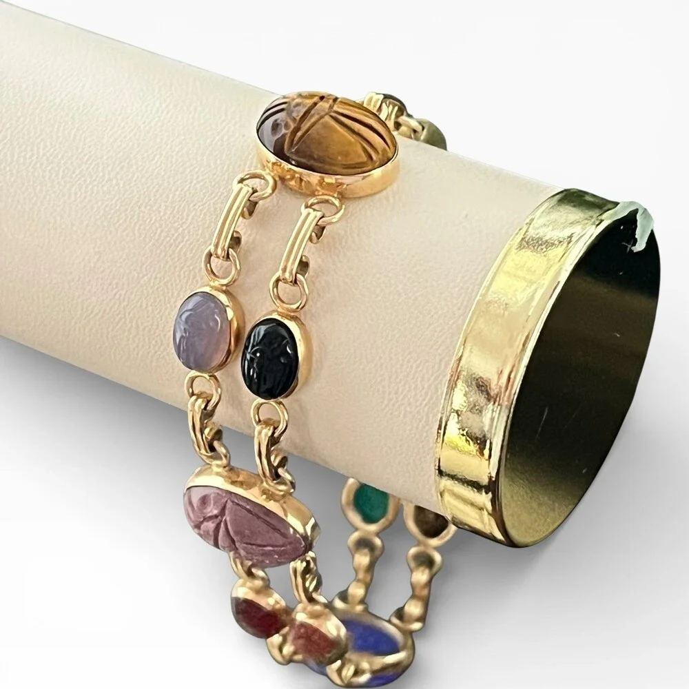 Vintage Carla 14k Yellow Gold Two Strands Multi Gemstone 10 Scarab Bracelet 7